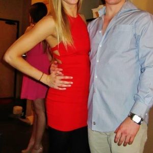 Red high neck strappy back mini bodycon dress